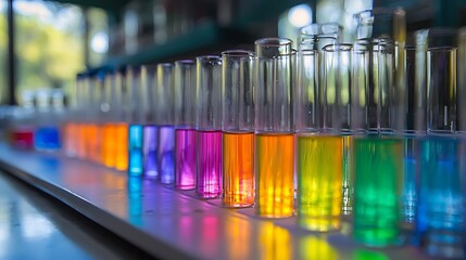 Test tubes filled with colorful liquids line the laboratory bench�a vivid exploration in chemistry and scientific research.