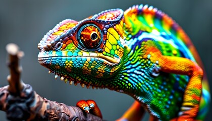 Vibrant close-up of a chameleon lizard resting on a tree branch in a lush, colorful environment