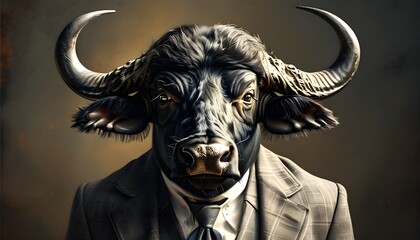 Wall Mural - Dapper African Buffalo in Suit: A Hyper-Realistic Anthropomorphic Portrait