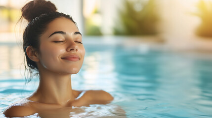 serene woman enjoys peaceful moment in tranquil pool, her eyes closed and gentle smile on her face, embodying relaxation and bliss.