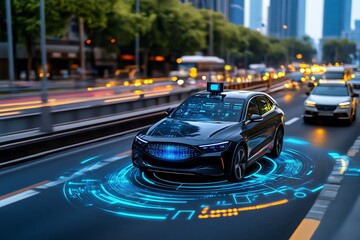Poster - Futuristic control system in a self-driving city, where autonomous vehicles and smart infrastructure are monitored by real-time AI algorithms