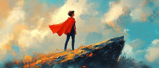 Illustration of a confident boy wearing a red cape standing on a hilltop