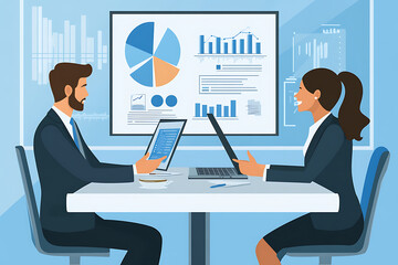 Poster - Two professionals discussing data analysis in a modern office setting.