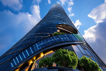 Poster - Futuristic energy-efficient skyscraper, where solar glass and wind-harvesting technology power the building, and AI manages its energy consumption