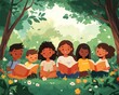 © Nattapat - A diverse group of children and adults reading together in a peaceful park, sharing stories and building literacy skills in a natural setting