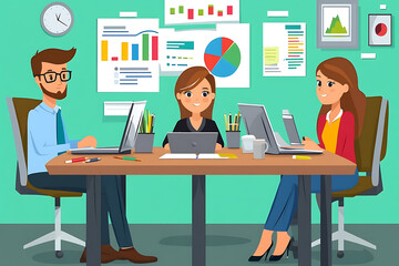 Poster - Three colleagues collaborating at a desk with charts and laptops in a modern office setting.