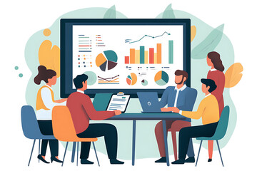 Poster - Team meeting analyzing data with charts and graphs displayed on a screen.