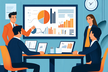 Poster - A business meeting with data presentation on a screen and laptops in use.