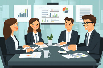 Poster - A business meeting with four professionals discussing data and strategies.