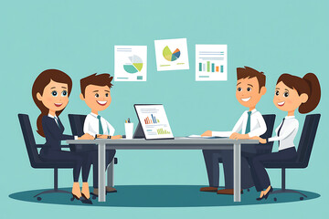 Poster - A group of professionals in a meeting discussing graphs and charts at a conference table.