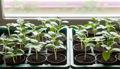 Wall Mural - Vibrant green cucumber seedlings thriving in pots, showcasing the journey of vegetable growth in a vertical perspective.