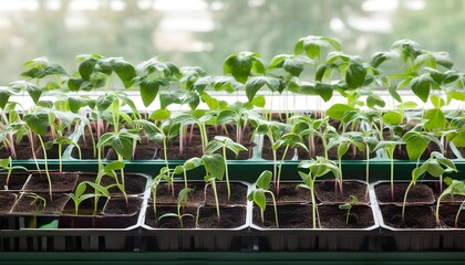 Wall Mural - Vibrant green cucumber seedlings thriving in pots, showcasing the journey of vegetable cultivation with a focus on growth and nurturing.