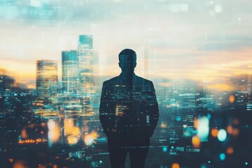 A hopeful businessman overlooks a vibrant city skyline, envisioning a prosperous future filled with opportunities and growth