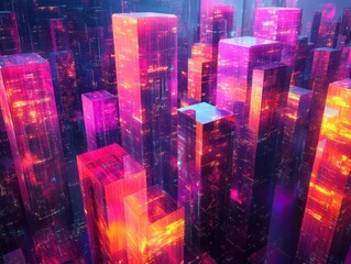 Wall Mural - futuristic neon cityscape within translucent cubes cyberpunk aesthetic glowing geometric forms abstract urban landscape