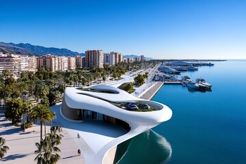 Poster - Futuristic view of Malagaâ€™s harbor, where modern, sleek buildings and advanced technology blend with the traditional landscape, creating a high-tech coastal city