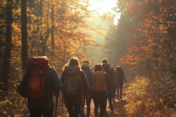 Wall Mural - a group of hikers exploring a sunlit autumn forest trail while enjoying the beauty of nature in warm