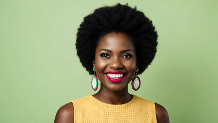 Wall Mural - Cheerful African woman with bright lipstick and earrings on a light green background