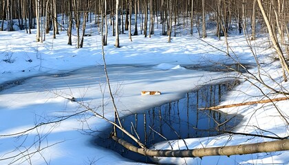 Sticker - Tranquil early spring scene of melting ice on a lake with reflections of trees, sky, and clouds in the calm water