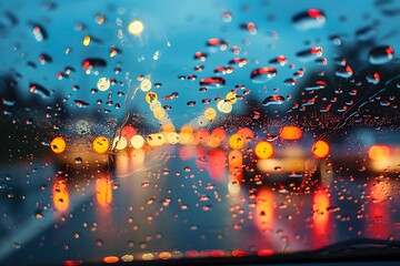 Wall Mural - rain drops on car glass with blur background