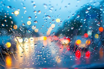 Wall Mural - rain drops on car glass with blur background