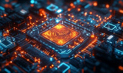 Poster - Futuristic Quantum Computing Concept with Holographic Processor and Glowing Data Streams