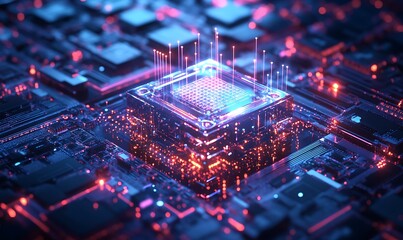 Poster - Futuristic Quantum Computing Concept with Holographic Processor and Glowing Data Streams