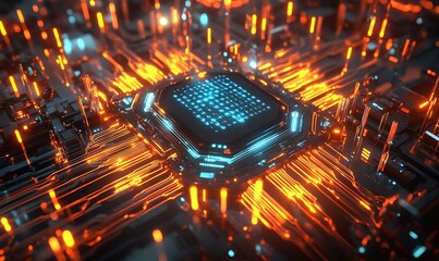 Poster - Futuristic Quantum Computing Concept with Holographic Processor and Glowing Data Streams
