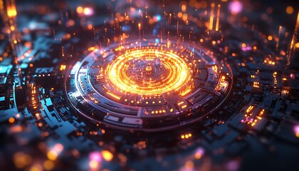 Poster - Conceptual Quantum Computing Core with Interconnected Qubits and Flowing Data