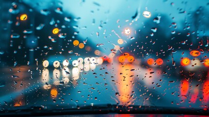 Wall Mural - rain drops on car glass with blur background