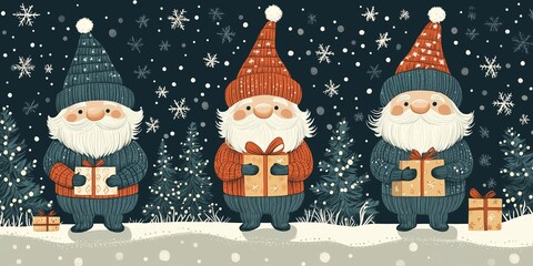 A whimsical illustration of three cheerful Christmas gnomes standing in a snowy forest, holding wrapped gifts. 