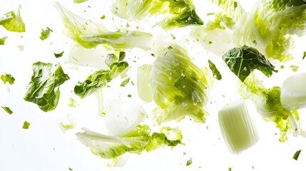 Fresh lettuce leaves and chopped pieces falling in mid-air against a white background.