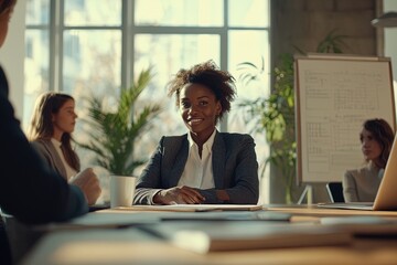 A Professional Meeting in a Bright Office With a Smiling Woman Engaging in Discussion With Colleagues