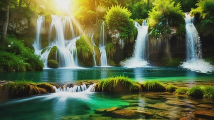 Wall Mural - waterfall with green views of tropical forest in the morning.Seamless 4k time lapse virtual video animation background