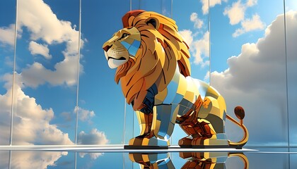 Wall Mural - Reflective Lion Sculpture Capturing Dynamic Skies in Modern Minimalist Art Installation