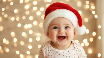 A cheerful baby in a Santa hat beams with laughter, surrounded by glowing holiday lights that create a joyful Christmas atmosphere