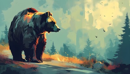 Wall Mural - Bear character escaping the chaos of the digital world in a vibrant graphic design composition