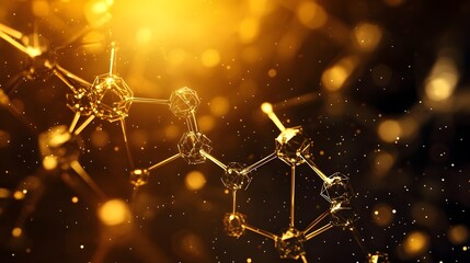 Abstract gold molecular structure with glowing particles against dark background.