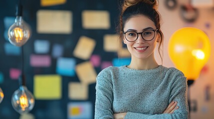 Sticker - Smiling Woman in Creative Workspace with Sticky Notes