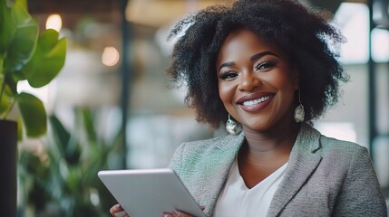 Poster - Confident Woman Using Tablet in Modern Office Setting