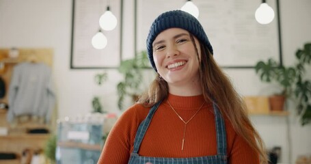 Sticker - Smile, woman and face of barista in coffee shop for hospitality career with apron in Australia. Tech, service and portrait of waitress working with tablet for pride in cafe, diner or restaurant.