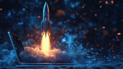 Poster - Rocket Launch from Laptop in Digital Space