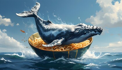 Wall Mural - Whale Gliding Through a Vast Ocean of Noodle Bowls in Graphic Style