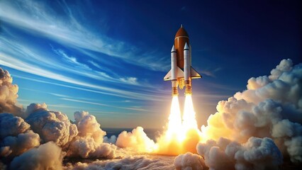 Wall Mural - Rocket successfully launched into space against blue sky, rocket, space, launch, spaceship, technology, exploration, sky
