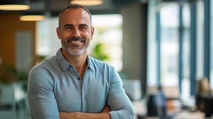 Wall Mural - Confident Businessman Smiling in Modern Office Setting