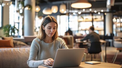 Poster - Young Woman Working on Laptop in Modern Café