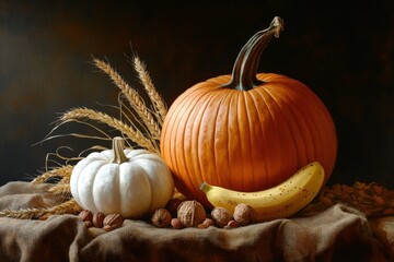 Autumn harvest still life with pumpkins, wheat, and nuts