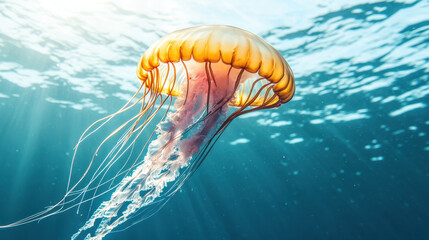 Wall Mural - A vibrant orange jellyfish with long, delicate tentacles gracefully floats underwater against a backdrop of clear, blue ocean water and sunlight rays.