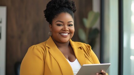 Poster - Confident Businesswoman Holding Tablet in Office Setting