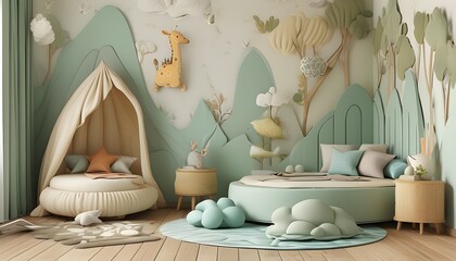 Wall Mural - Serene Biophilic Haven for Kids with Organic Shapes and Soft Calming Colors in a 3D Environment