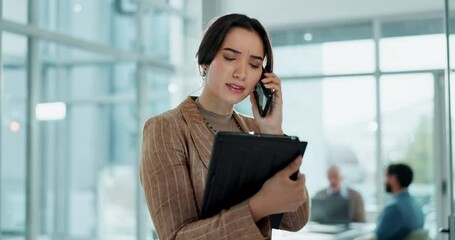 Aufkleber - Business woman, phone call and discussion with tablet for communication, proposal or friendly conversation at office. Happy female person or employee with smile on mobile smartphone and technology